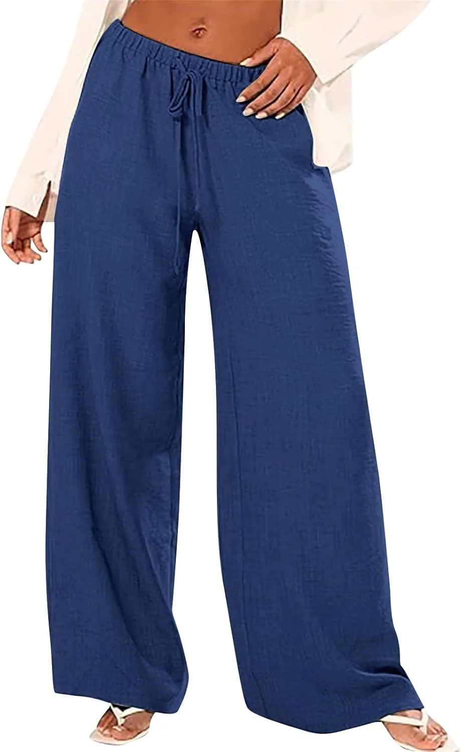 Women's Summer Wide Leg Pants Loose Drawstring Elastic Waist Lightweight Linen Palazzo Pants Beach Vacation Trousers