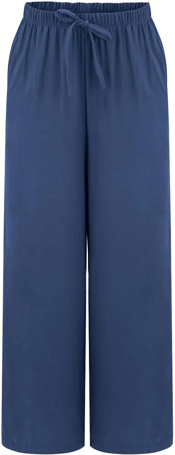 Women's Summer Wide Leg Pants Loose Drawstring Elastic Waist Lightweight Linen Palazzo Pants Beach Vacation Trousers