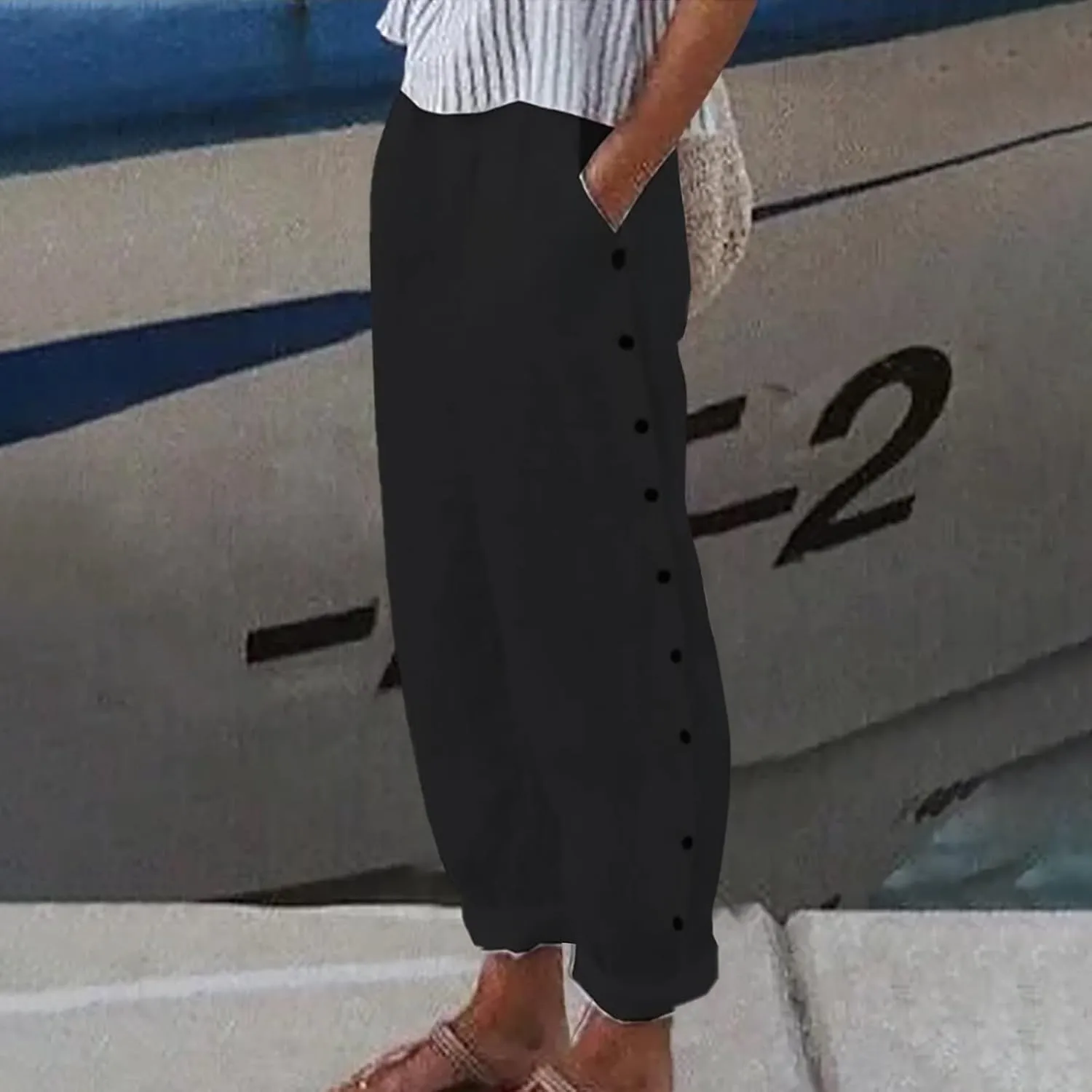 Womens Sweatpants, Peasant Pants Straight Leg Casual Linen Trendy Striped Side Loose