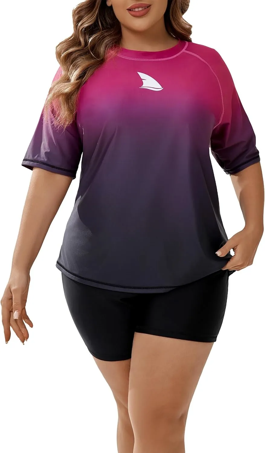 Womens Two Piece Plus Size Short Sleeve Rash Guard Sets Modest Swim Shirts Top and Shorts UPF50  Swimsuit