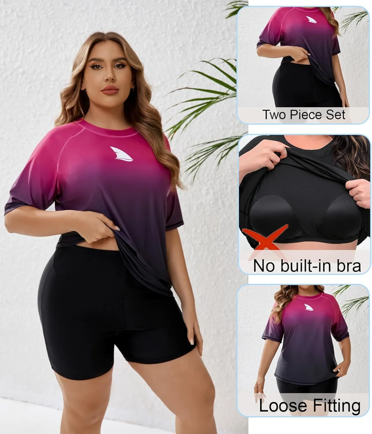 Womens Two Piece Plus Size Short Sleeve Rash Guard Sets Modest Swim Shirts Top and Shorts UPF50  Swimsuit