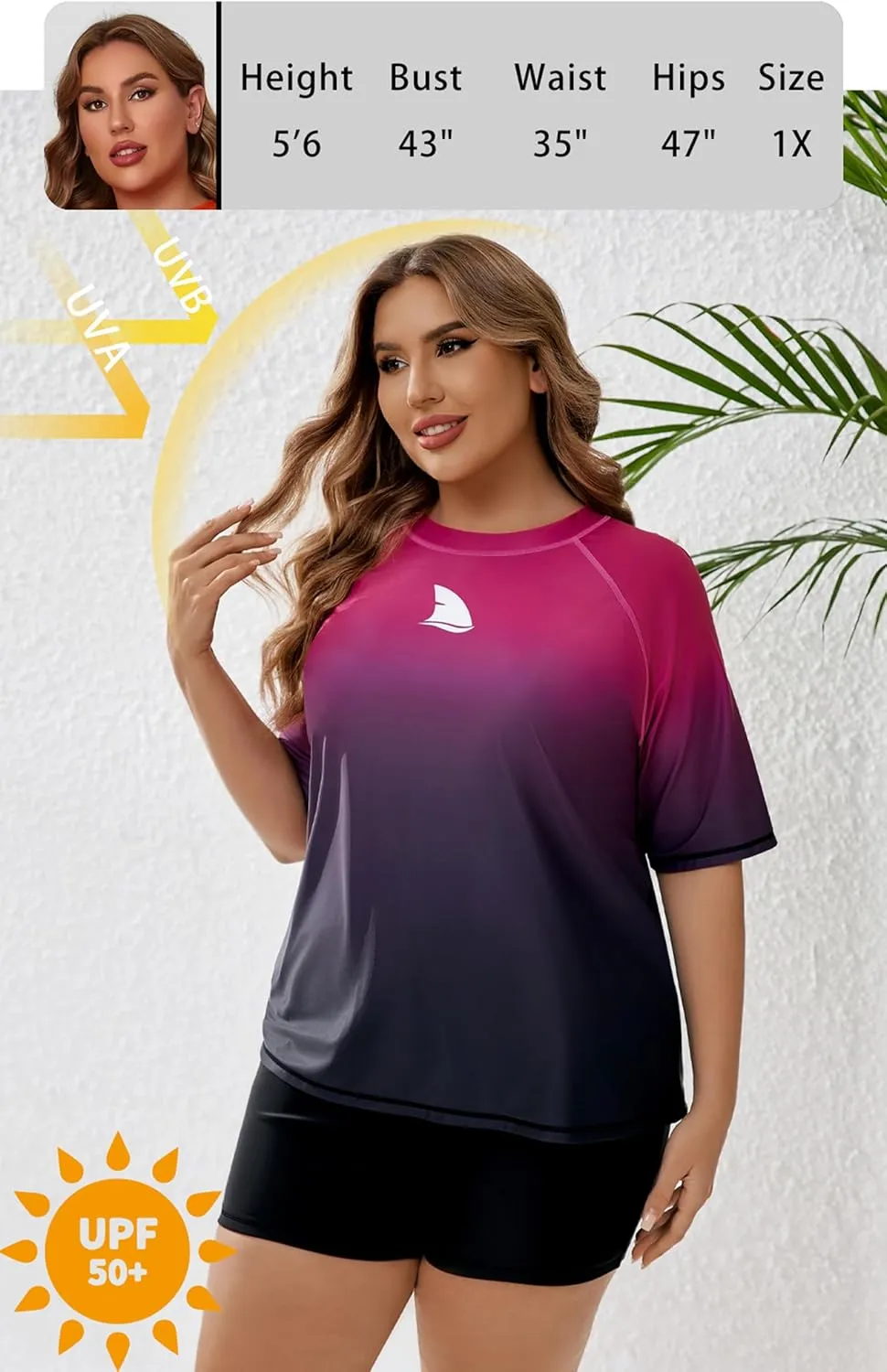Womens Two Piece Plus Size Short Sleeve Rash Guard Sets Modest Swim Shirts Top and Shorts UPF50  Swimsuit