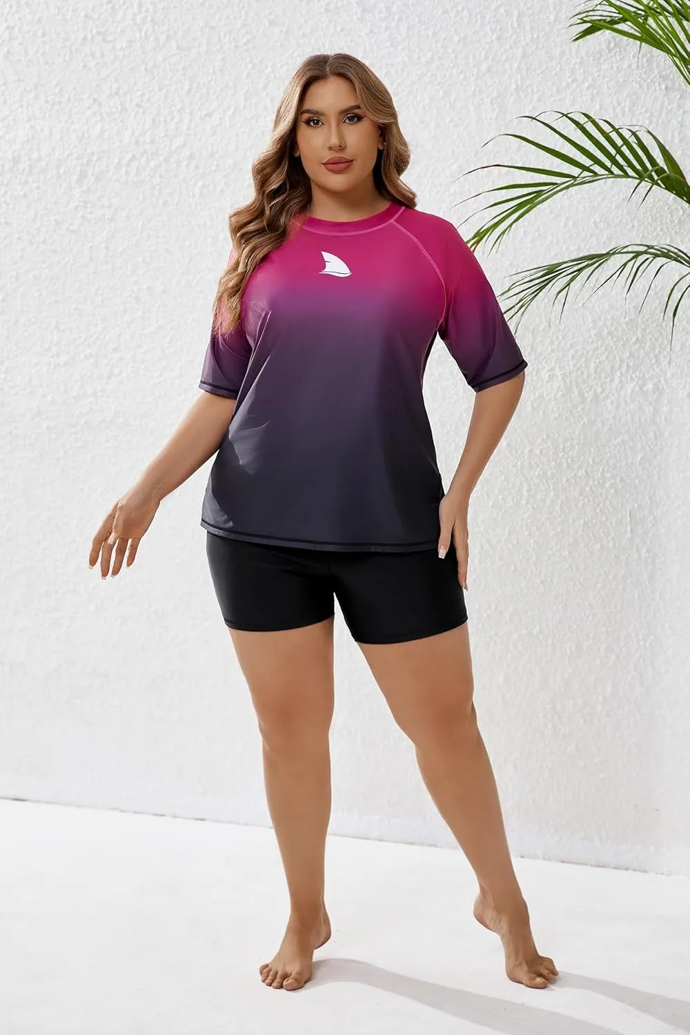 Womens Two Piece Plus Size Short Sleeve Rash Guard Sets Modest Swim Shirts Top and Shorts UPF50  Swimsuit
