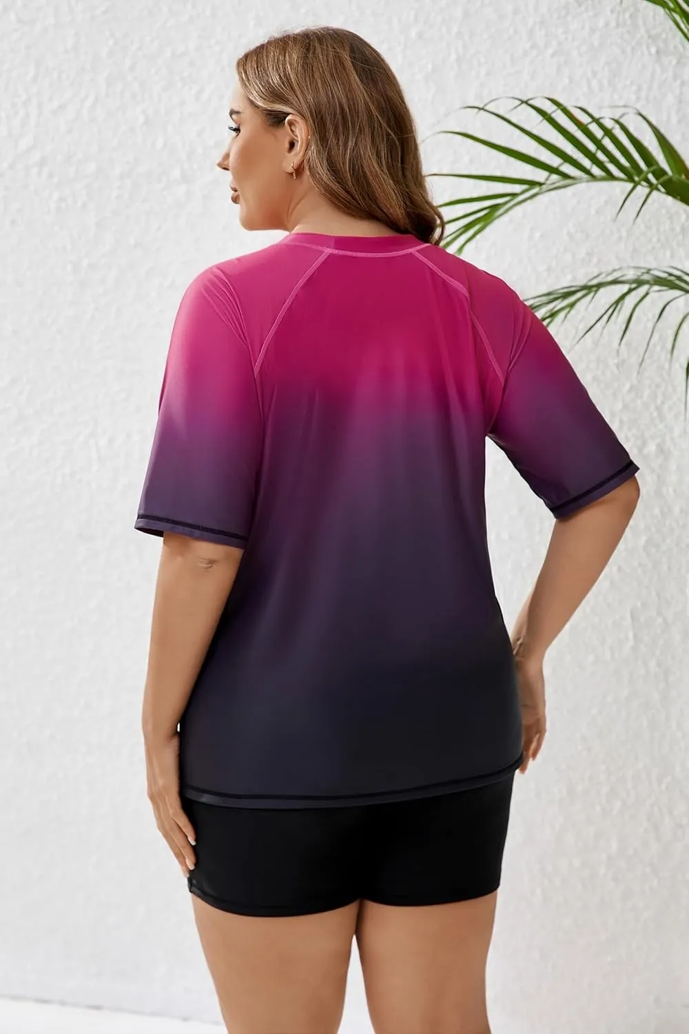 Womens Two Piece Plus Size Short Sleeve Rash Guard Sets Modest Swim Shirts Top and Shorts UPF50  Swimsuit