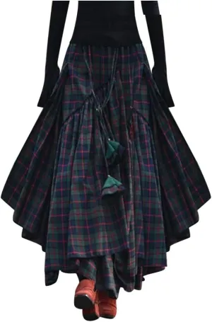 Women's Vintage Long Skirt Plaid Fringe Irregular High Waisted Skirts Ruffles Pirate Skirt Steampunk Gothic Clothes