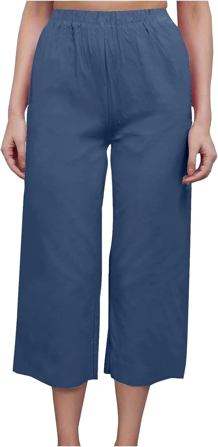 Women's Wide Leg Cropped Pants High Waist Cotton Linen Capris Pants Summer Vacation Fashion Outfit Casual Trousers