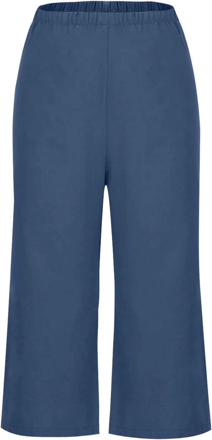 Women's Wide Leg Cropped Pants High Waist Cotton Linen Capris Pants Summer Vacation Fashion Outfit Casual Trousers