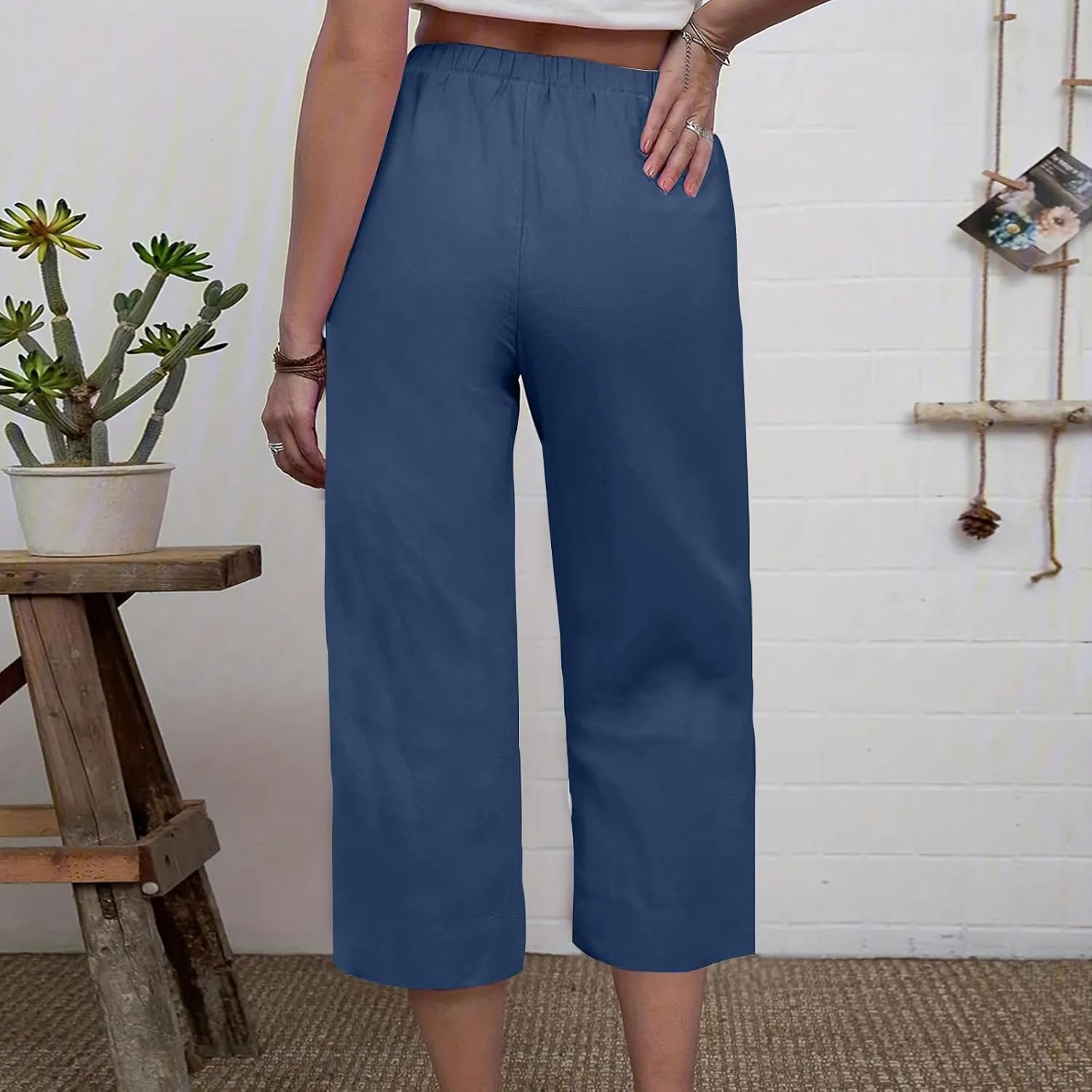 Women's Wide Leg Cropped Pants High Waist Cotton Linen Capris Pants Summer Vacation Fashion Outfit Casual Trousers