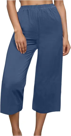 Women's Wide Leg Cropped Pants High Waist Cotton Linen Capris Pants Summer Vacation Fashion Outfit Casual Trousers