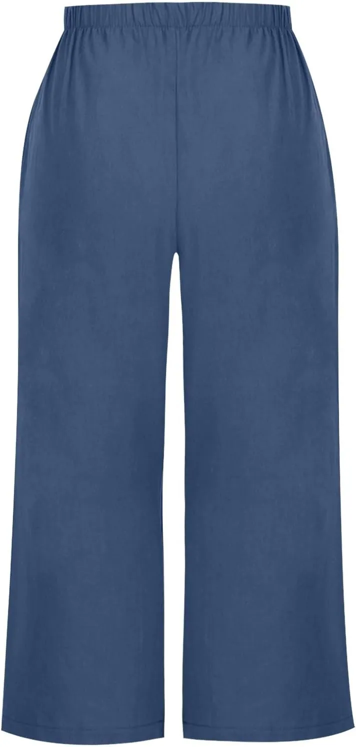 Women's Wide Leg Cropped Pants High Waist Cotton Linen Capris Pants Summer Vacation Fashion Outfit Casual Trousers