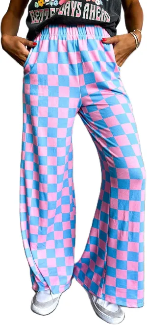 Womens Y2K Checkered Wide Leg Pants High Elastic Waist Plaid Straight Loose Fit Lounge Trouser Going Out Streetwear