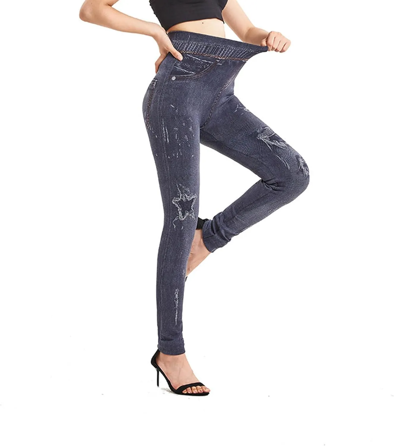 Women's Yoga Pants 2025 Fake Denim High Waisted Skinny Destroyed Ripped Hole Print Pants Full Length Stretchy Pants
