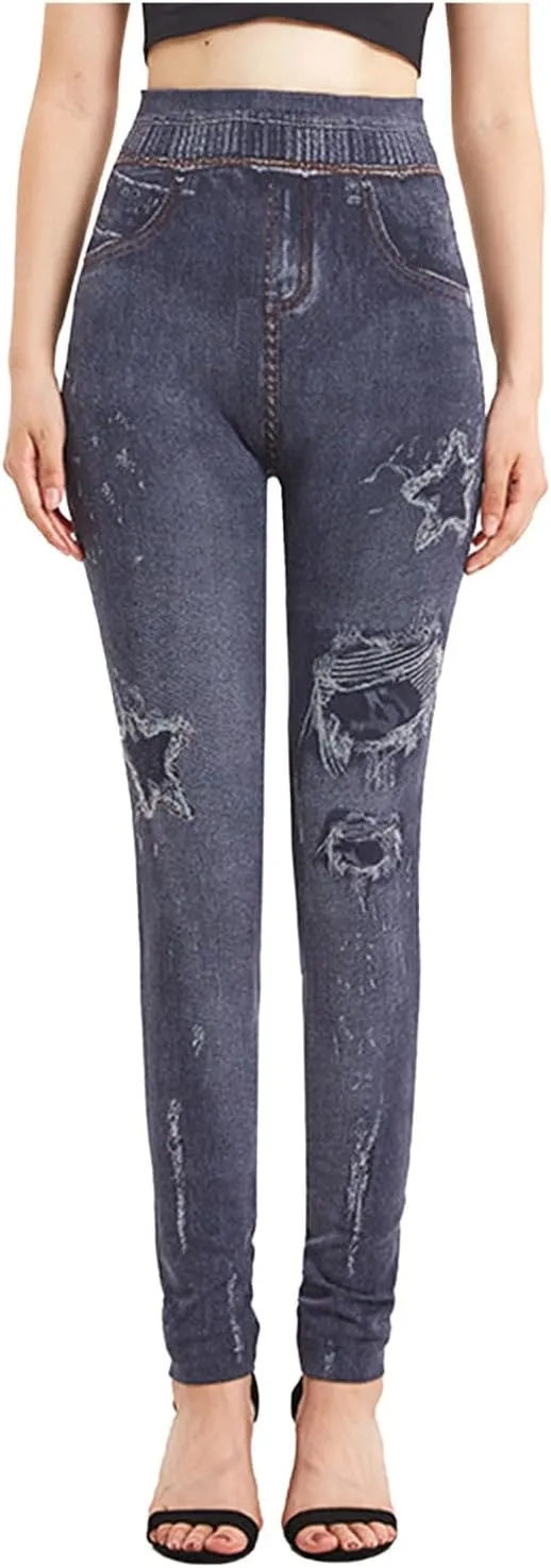 Women's Yoga Pants 2025 Fake Denim High Waisted Skinny Destroyed Ripped Hole Print Pants Full Length Stretchy Pants
