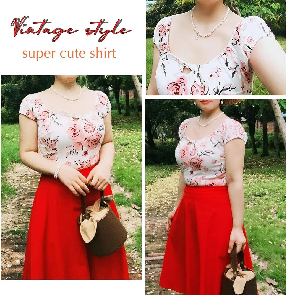 YARN & INK Women's Pinup Shirt 1950s Vintage Rockabilly Puff Sleeve BowBlouse Off Shoulder Tops