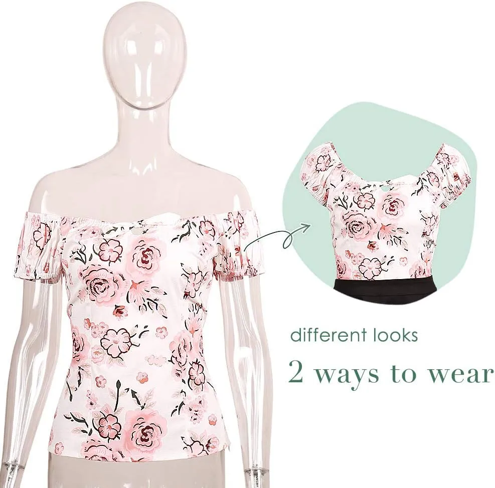 YARN & INK Women's Pinup Shirt 1950s Vintage Rockabilly Puff Sleeve BowBlouse Off Shoulder Tops