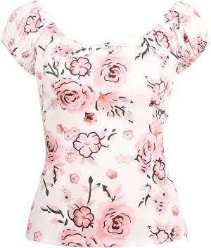 YARN & INK Women's Pinup Shirt 1950s Vintage Rockabilly Puff Sleeve BowBlouse Off Shoulder Tops
