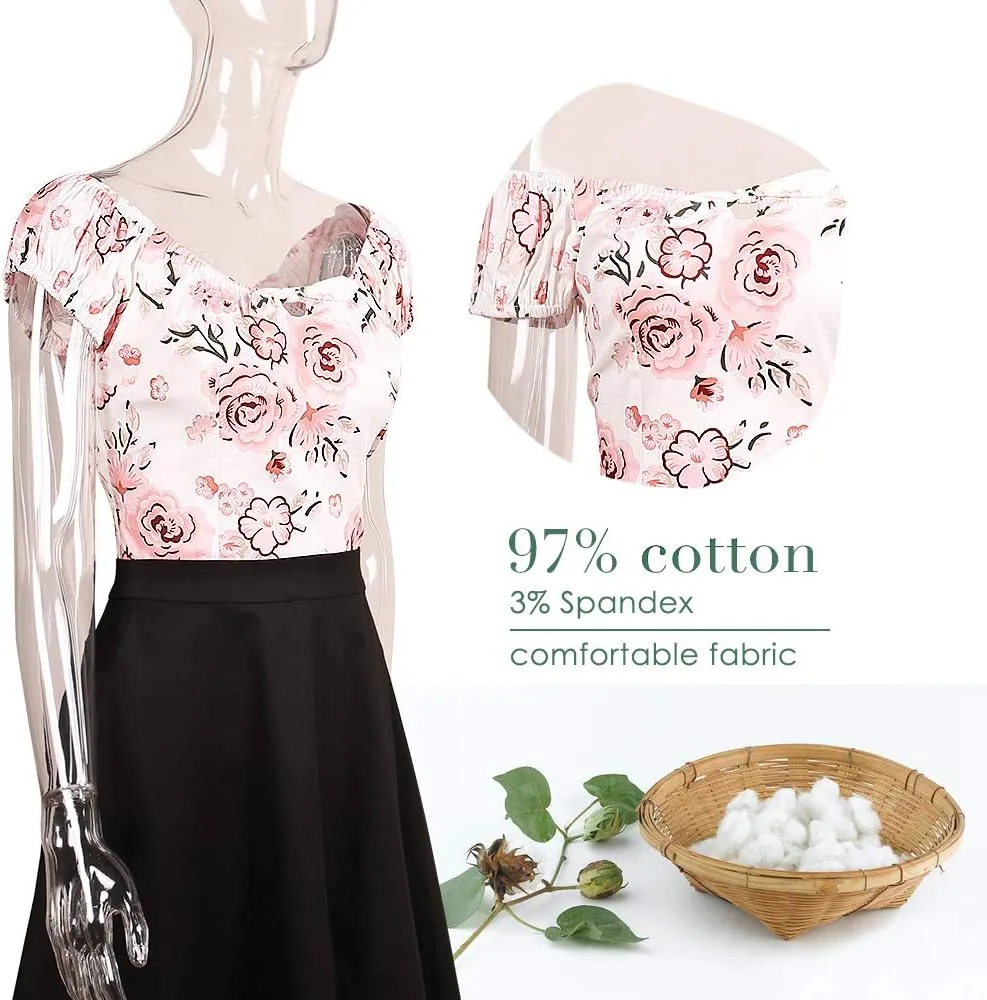 YARN & INK Women's Pinup Shirt 1950s Vintage Rockabilly Puff Sleeve BowBlouse Off Shoulder Tops