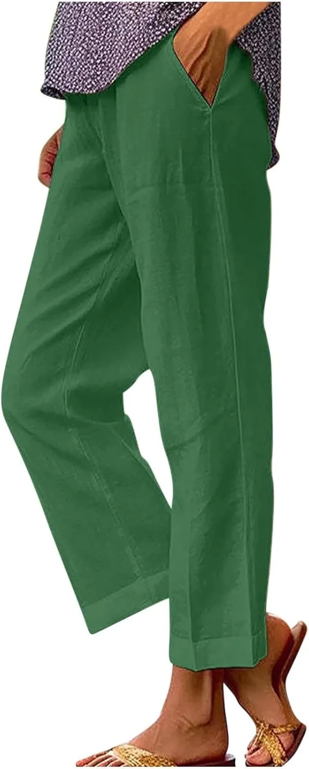 YRAETENM Cropped Linen Pants Women Elastic Waist Straight Leg Cotton Pants Casual Beach Summer Slacks Trousers with Pockets
