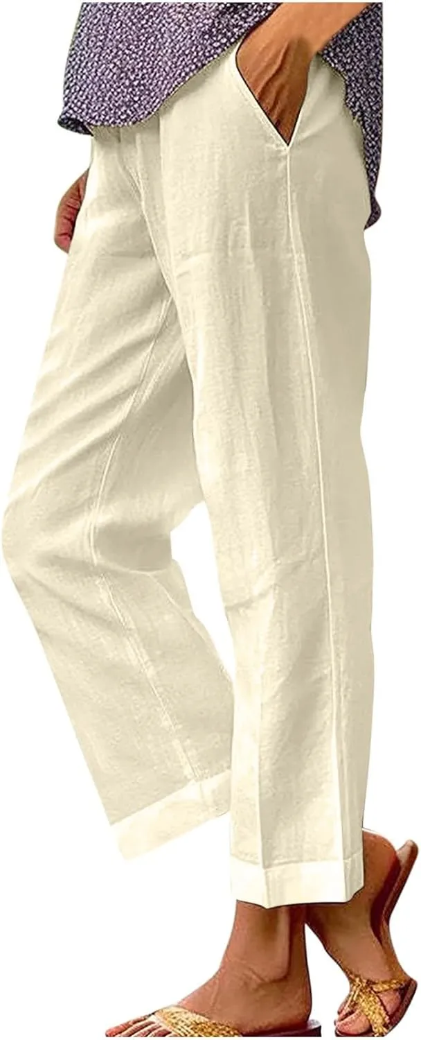 YRAETENM Cropped Linen Pants Women Elastic Waist Straight Leg Cotton Pants Casual Beach Summer Slacks Trousers with Pockets