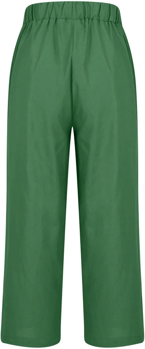 YRAETENM Cropped Linen Pants Women Elastic Waist Straight Leg Cotton Pants Casual Beach Summer Slacks Trousers with Pockets