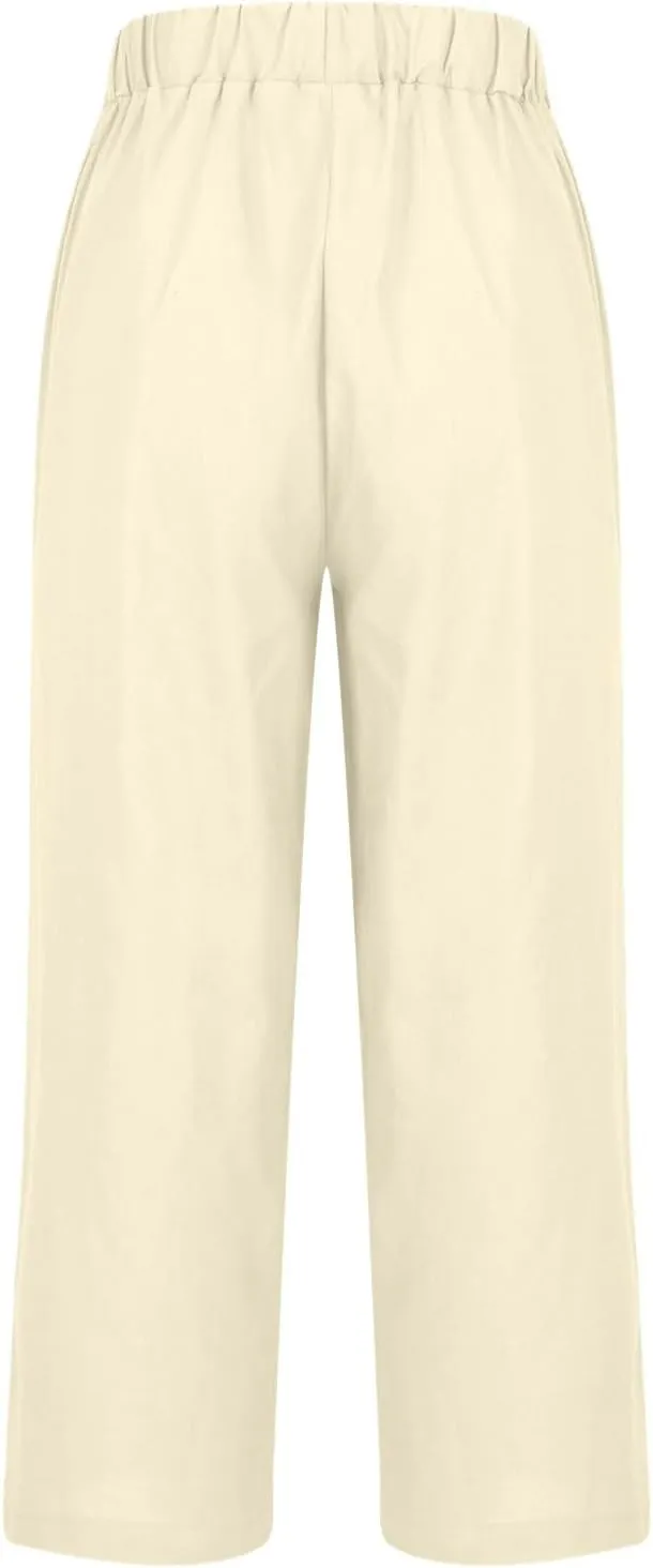 YRAETENM Cropped Linen Pants Women Elastic Waist Straight Leg Cotton Pants Casual Beach Summer Slacks Trousers with Pockets