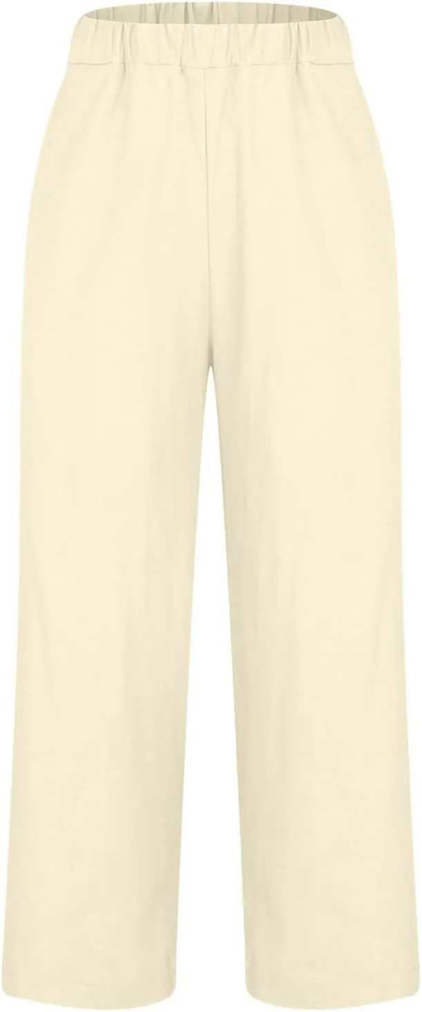 YRAETENM Cropped Linen Pants Women Elastic Waist Straight Leg Cotton Pants Casual Beach Summer Slacks Trousers with Pockets