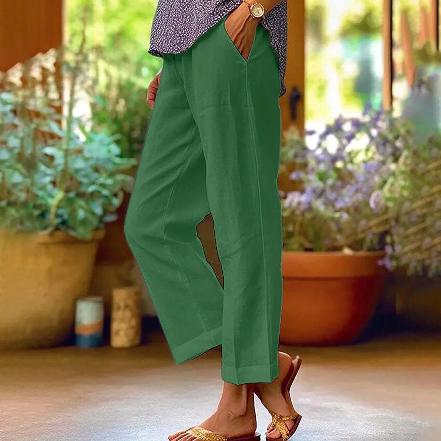 YRAETENM Cropped Linen Pants Women Elastic Waist Straight Leg Cotton Pants Casual Beach Summer Slacks Trousers with Pockets