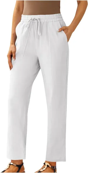 YRAETENM Women's Linen Drawstring Pants Summer Elastic High Waisted Capris Casual Straight Leg Cropped Trousers with Pockets