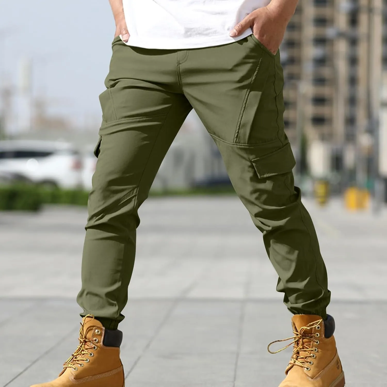 Zeiyignr Men's Cargo Jogger Pants Stretch Sweatpants Solid Hiking Pants Slim Fit Tactical Pants with Pockets Casual Trousers