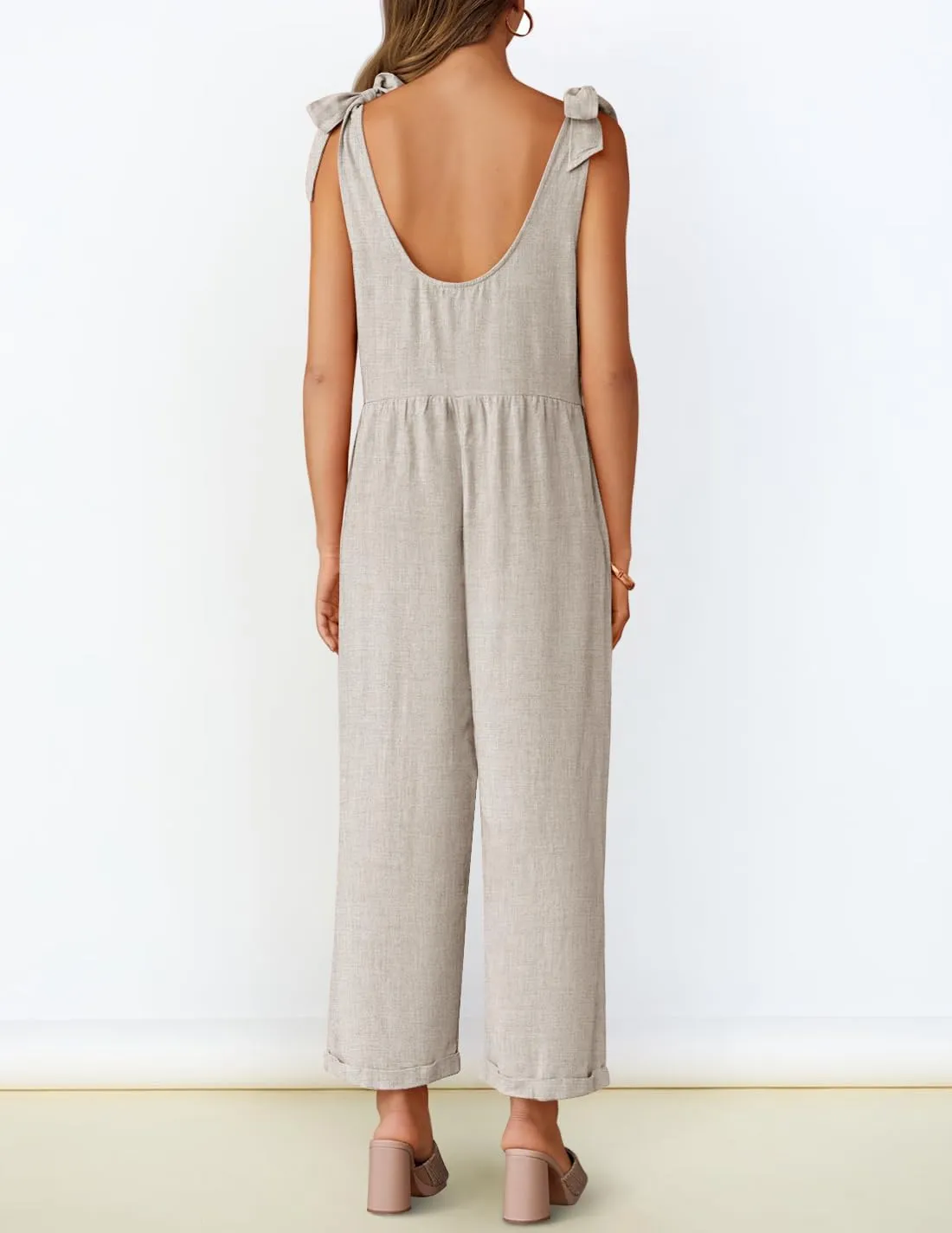 ZESICA Women's Summer Loose Sleeveless Jumpsuits Linen Adjustable Straps Oversized Wide Leg Long Overall Rompers with Pockets