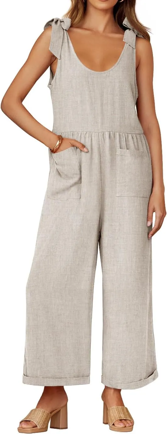 ZESICA Women's Summer Loose Sleeveless Jumpsuits Linen Adjustable Straps Oversized Wide Leg Long Overall Rompers with Pockets