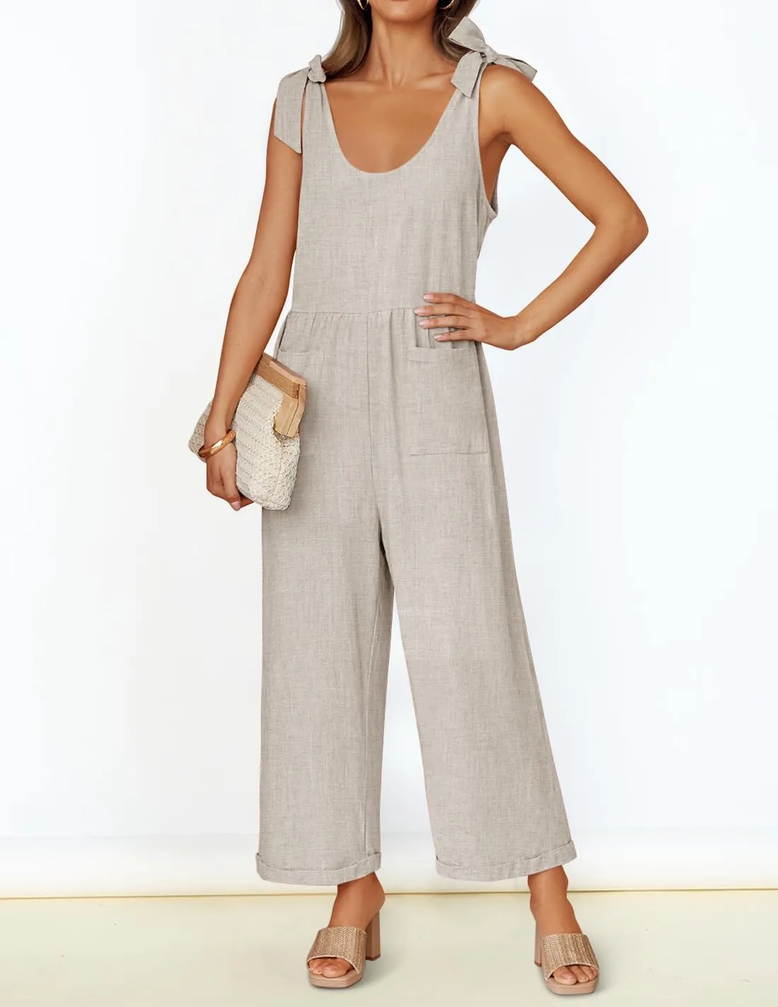 ZESICA Women's Summer Loose Sleeveless Jumpsuits Linen Adjustable Straps Oversized Wide Leg Long Overall Rompers with Pockets