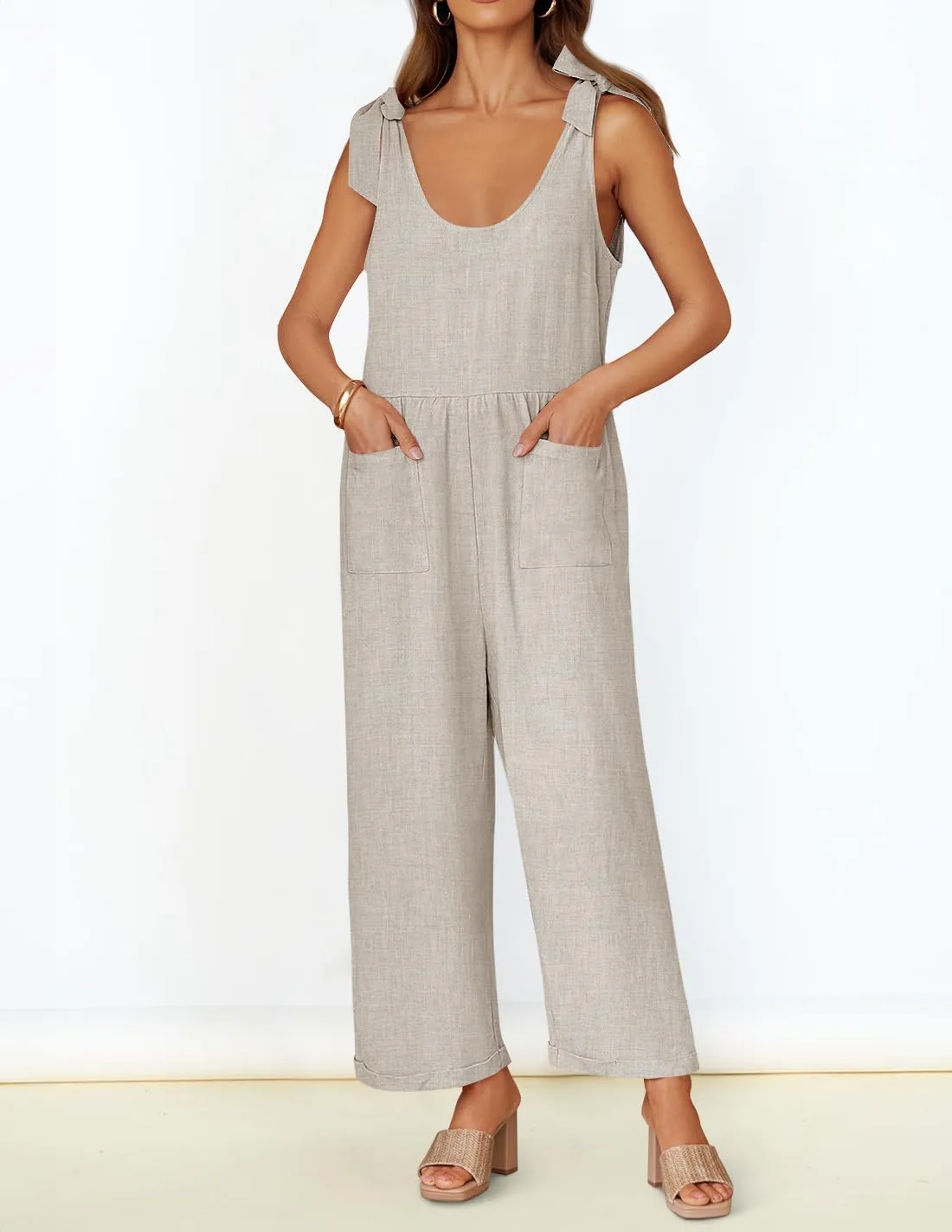 ZESICA Women's Summer Loose Sleeveless Jumpsuits Linen Adjustable Straps Oversized Wide Leg Long Overall Rompers with Pockets